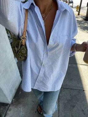 Djerf Avenue Breezy Button-Down Shirt in Blue Stripe